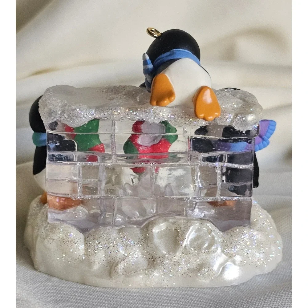 2010 Hallmark Keepsake Penguin Chimney Christmas Ornament Glitter Base Festive